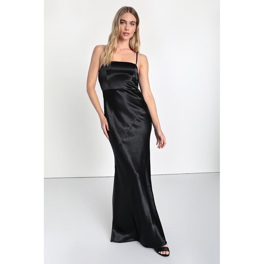 Lulus Endlessly Intriguing Black Satin Square Neck Maxi Dress Formal Gown Flaw S